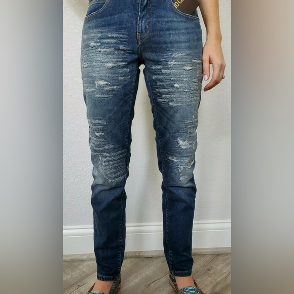 Roberto Cavalli Denim - Roberto Cavalli straight leg designer distressed medium wash denim jeans 165